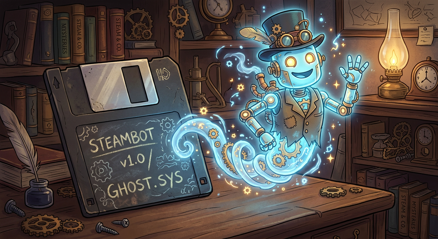 Robot spirit beside a vintage computer in a workshop